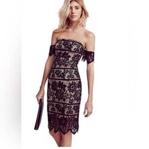 Express Black Lace Cocktail Dress off the shoulders with nude slip